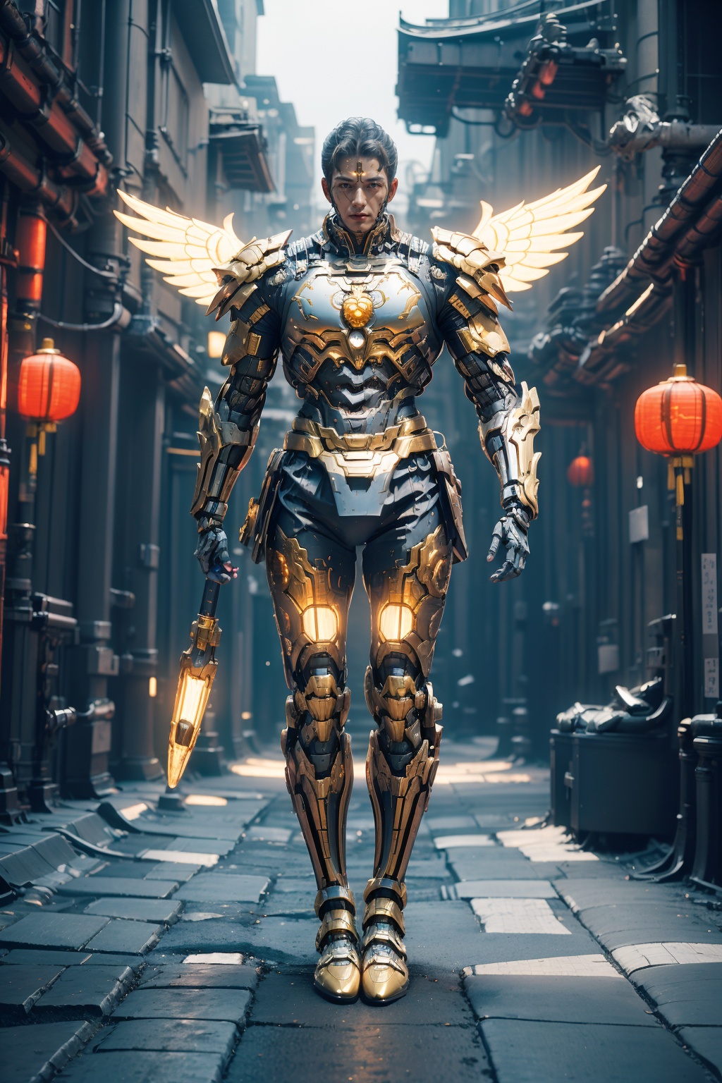 hjyjiazhourbt,mecha,robo wings,walking,(street_background:1.3),(looking at viewer),dynamic pose,dynamic angle,(chinese armor:1.4),gold.shining sparks,Keep  hands behind,glowing gold armor,masterpiece,best quality,(highly detailed),1boy,gold hair,cyborg,(full body:1.2),day light,((bright light)),wide angle,shining sparks,silvery,sleek,studio light,( shining blue light circle Science Fiction Portal:1.3),<lora:hjyjiazhouRBTcropface-000002:0.8>,