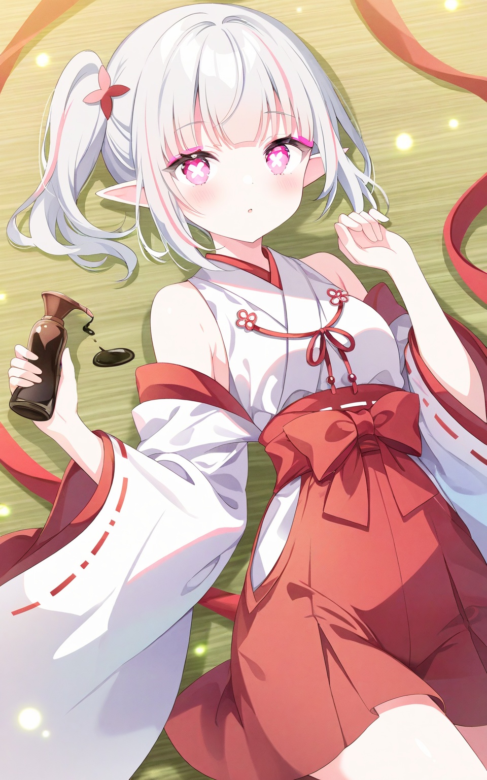O,Noyu,Torino,0,Spring couplets,red envelopes,1girl,solo,bishoujo,elf,miko,magical_girl,white_skin,shiny_skin,fair_skin,oil,slender,white hair,silver hair,streaked hair,ponytail,Side ponytail,short ponytail,elf ears,pointy_ears,pink eyes,pink eyeshadow,glowing_eye,water_eyes,x-shaped_pupils,bare shoulders,narrow_waist,