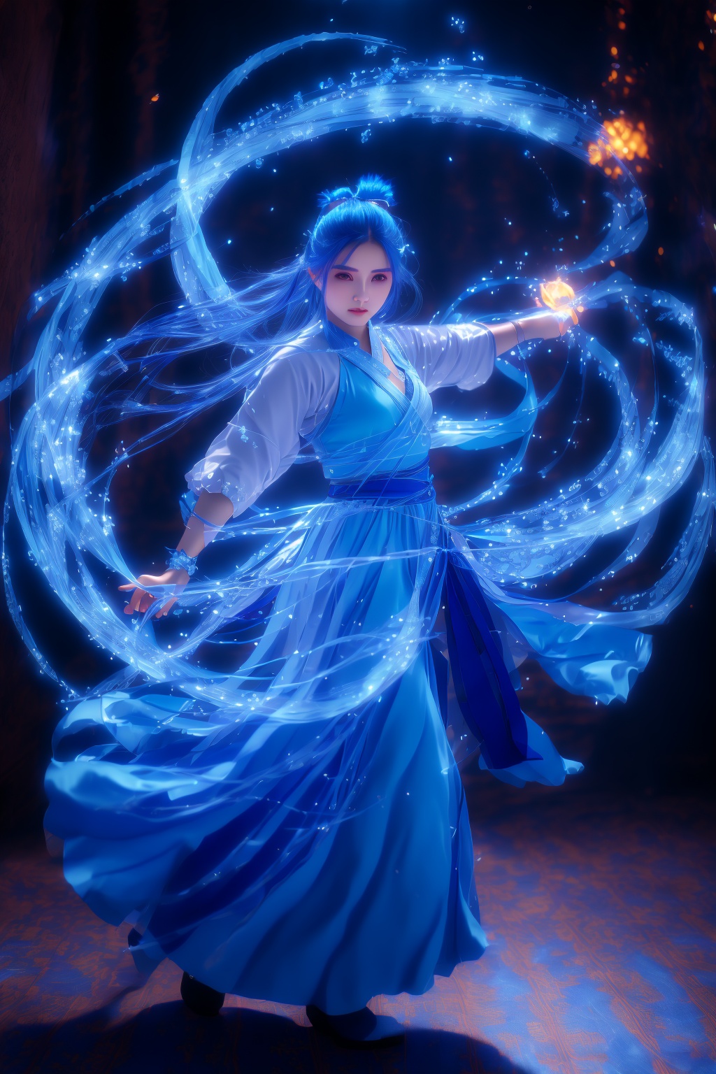 blue-aura,using blue-magic,blue-magic,ancient-costume,dancing,fighting stance,1girl,solo,<lora:magic_fighting_blue_with_reg_4_512_15:0.8>,