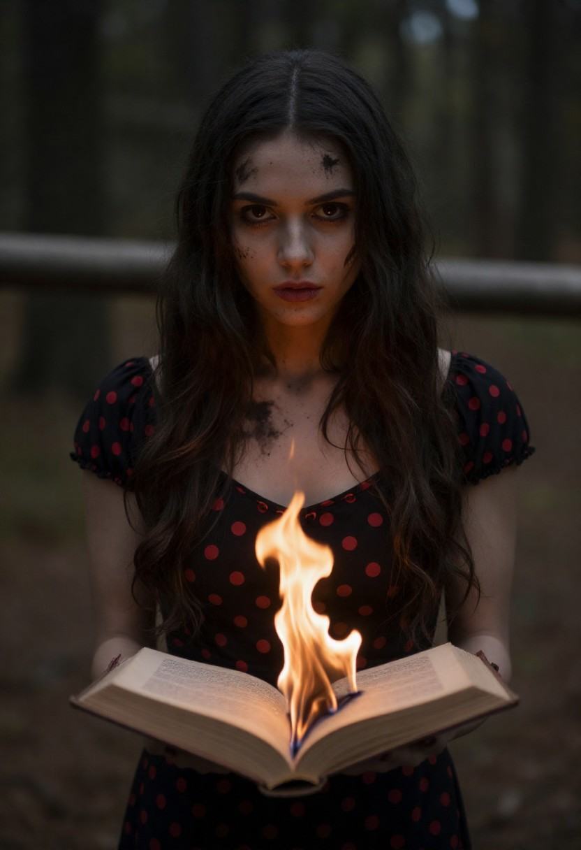 h0rr0rstyl3,  A photo-realistic shoot from a frontal camera angle about a mysterious woman holding an open book with flame...