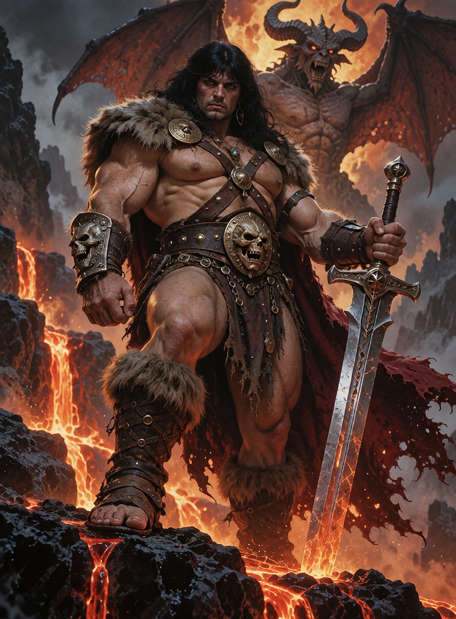 An imposing ***** barbarian champion with a voluptuous muscular physique,  long flowing black hair,  natural pale skin on...