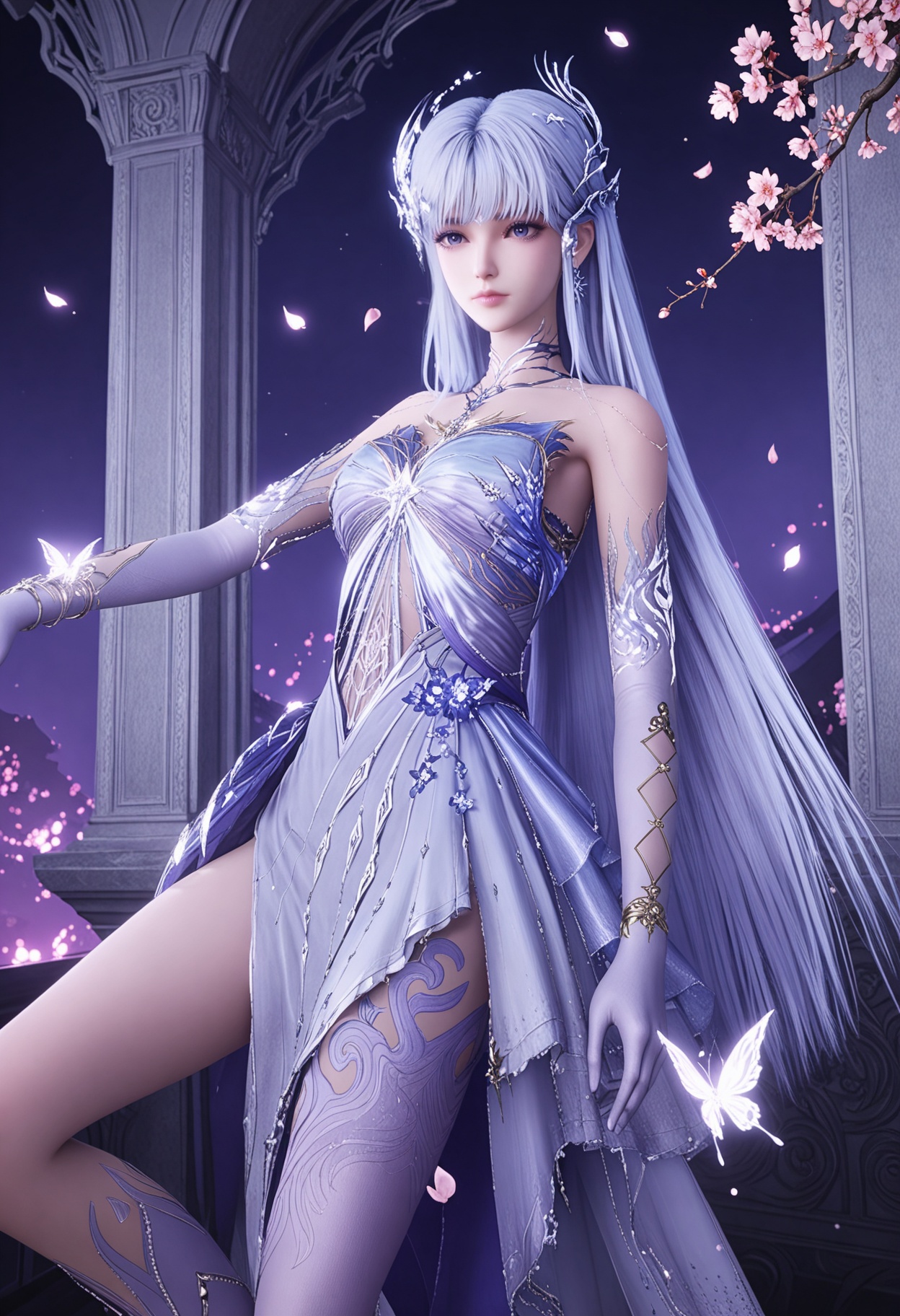 (upper_body:1.2),looking at viewer:1.1,masterpiece,(best quality),smog,Dark room,dim lighting,peach blossom,falling petals,<lora:YQ_Illustrious光辉v5_圣采儿_服装7_无翅膀和武器_V1:0.8:lbw=1,1,1,1,1,1,1,1,1,0.8,0.8,0.1>,q1528437228,1girl,solo,dress,long hair,white hair,hair ornament,gloves,high heels,purple eyes,elbow gloves,blue eyes,jewelry,blue dress,blunt bangs,pantyhose,white dress,purple dress,thighhighs,white gloves,purple pantyhose,thighs,earrings,purple footwear,purple gloves,blue hair,purple hair,bracelet,purple thighhighs,strapless dress,