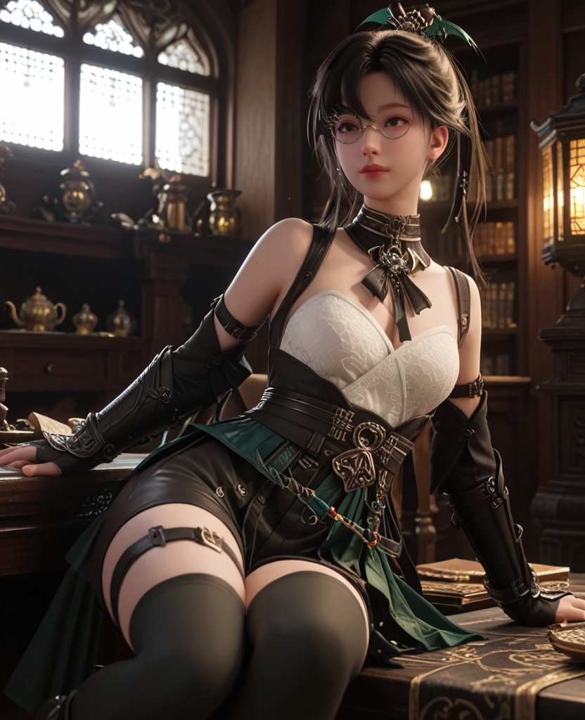 (oriental architecture, elegant decor, sophisticated style:1.1),(knees to chest:1.1),(breasts:1.2),<lora:XL逆水寒玄机掌门宋邀星>,miss xuanji,black hair,glasses,ponytail,choker,detached collar,tube top,long hair,green overskirt,black shorts,sash,thigh strap,black thighhighs,elbow gloves,lips,, score_9,score_8_up,score_7_up,score_6_up,score_5_up,score_4_up,3d rendering,tag1,tag2, Cinematic Lighting,backlighting,