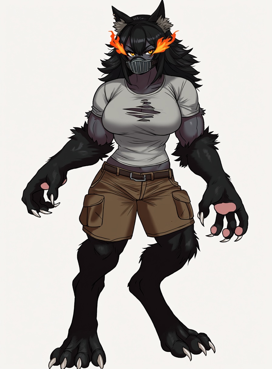 九代艾奇_Style,  monster girl,  fullbody drawing of a werewolf hellhound monster girl with black fur and eyes that are flaming...