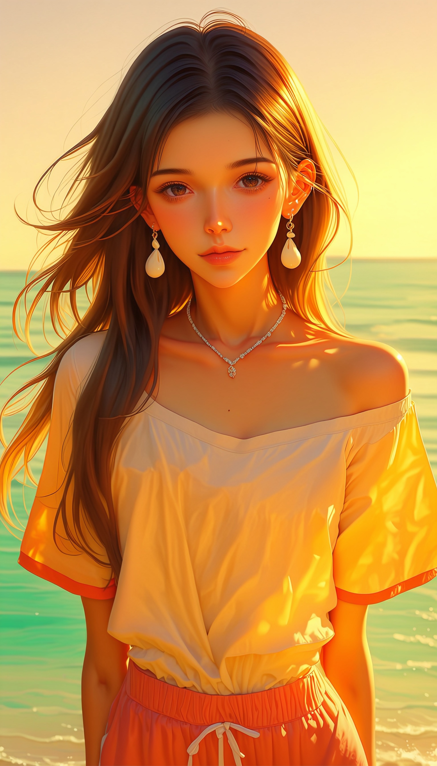 score_9,score_8_up,score_8,MAYE_X,A young woman by the seaside,with long,wavy brown hair that gently sways in the wind. Her eyes are bright and spirited,her skin fair and smooth,and her lips are slightly parted. She is wearing a loose white top that reveals her shoulders and a portion of her chest. The background is the ocean and beach at sunset,with the sky displaying shades of orange and red,and the sea reflecting the setting sun's rays.,