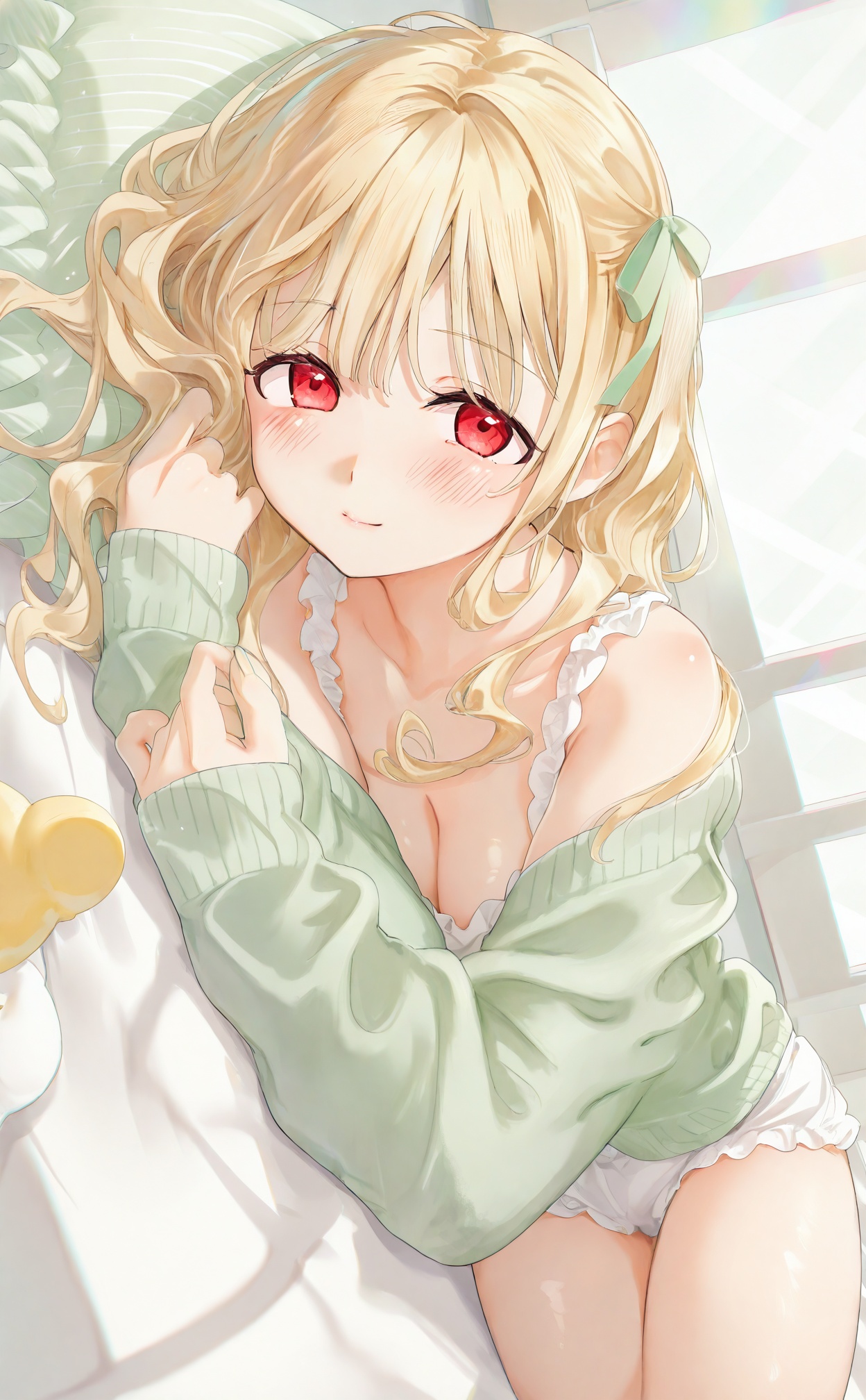 mmasterpiece,absurdres,best quality,petite,high quality,chromatic_aberration,//,1girl, blonde_hair, red_eyes, solo, breasts, looking_at_viewer, lying, green_cardigan, cleavage, on_side, hair_ribbon, long_hair, blush, ribbon, cardigan, off_shoulder, closed_mouth, long_sleeves, green_ribbon, underwear, on_bed, frills, medium_breasts, indoors, sweater, thighs, pillow, window, sleeves_past_wrists, smile, bare_shoulders, collarbone//,<lora:kinako_(shiratama_mochi)——【CKXL】hans:1>,