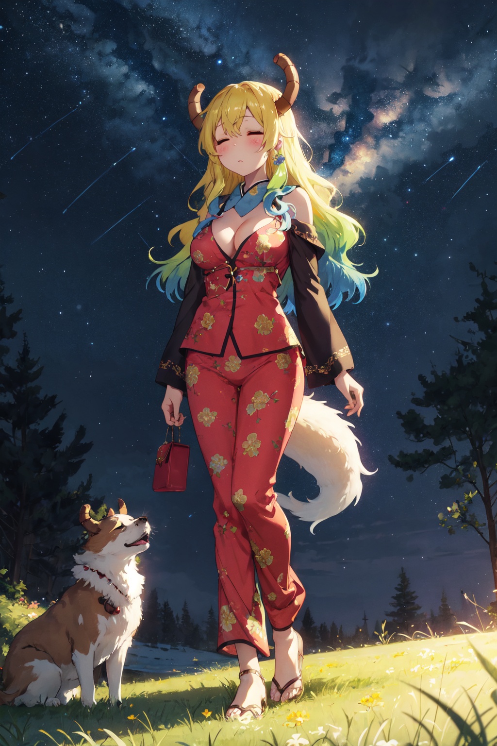 <lora:Quetzalcoatl-000019:0.8>,Lcoa CYQL,1girl,looking at viewer,solo,dragon girl,long hair,blonde hair,green hair,multicolored hair,gradient hair,dragon horns,closed eyes,breasts,large breasts,cleavage,full body,Silk pajama set, metallic slides, silk scarf, clutch purse, hoop earrings,sleepy,panorama,As darkness falls, the sky twinkles with countless stars, the Milky Way spanning across the heavens. A gentle breeze rustles through the grass, and the distant howl of wolves intermingles with the chirping of insects,(Rose bushes, Trellises, Garden path, Rose fragrance, English elegance, Rose petals:0.5),beautiful detailed sky,beautiful detailed glow,posing in front of a colorful and dynamic background,masterpiece,best quality,beautiful and aesthetic,contrapposto,female focus,wallpaper,