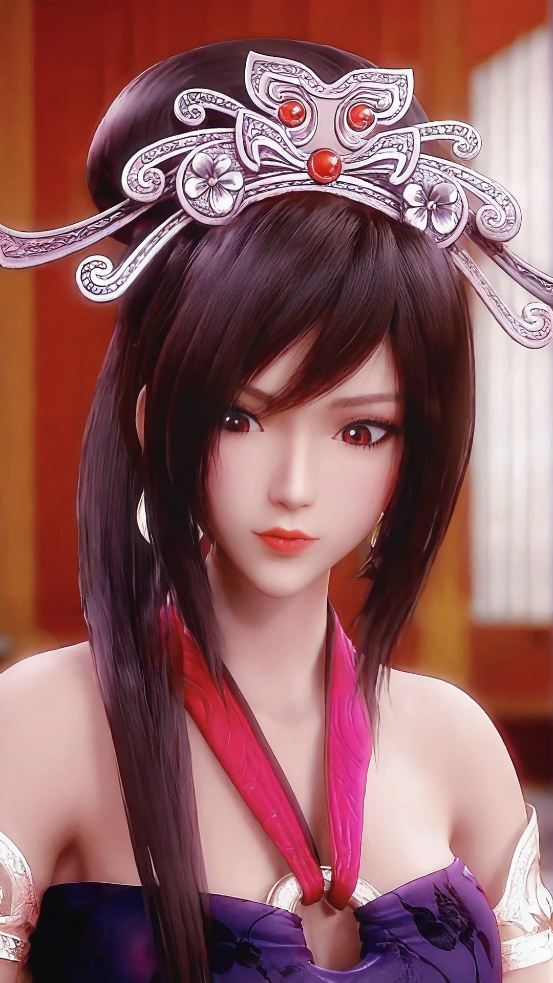 The image is a close-up portrait of a young woman with long dark hair. She is wearing a traditional Chinese outfit with a purple and red color scheme. The woman is holding a silver necklace in her hands and is looking down at it with a serious expression on her face.The woman's hair is styled in a sleek bob with bangs that fall over her shoulders. She has a large, ornate headpiece that is made up of multiple layers of silver and red jewels. The headpiece has a floral design with intricate details and a large red gemstone in the center. The background is blurred, but it appears to be a room with a chandelier and other decorative items. The overall mood of the image is elegant and regal.<lora:pony红莲-000009:0.8>,