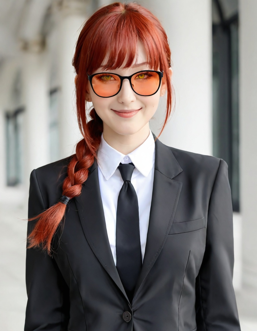 best quality,amazing quality,very aesthetic,1girl,makima (chainsaw man),solo,tinted eyewear,shirt,necktie,black necktie,red hair,ringed eyes,white shirt,suit,collared shirt,looking at viewer,formal,jacket,black jacket,sidelocks,sunglasses,smile,yellow eyes,red-tinted eyewear,braid,black suit,medium hair,orange-tinted eyewear,