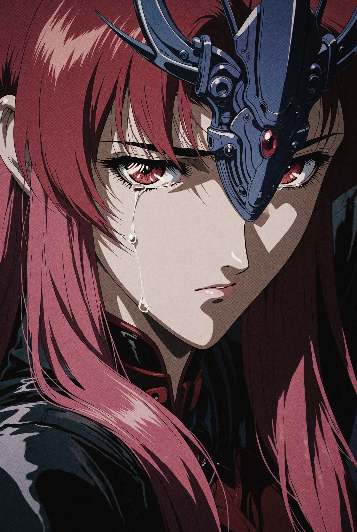 A halftone image of a woman in a sleak leather outfit,  a dancer with a clear tear trail on her cheek running from her rig...