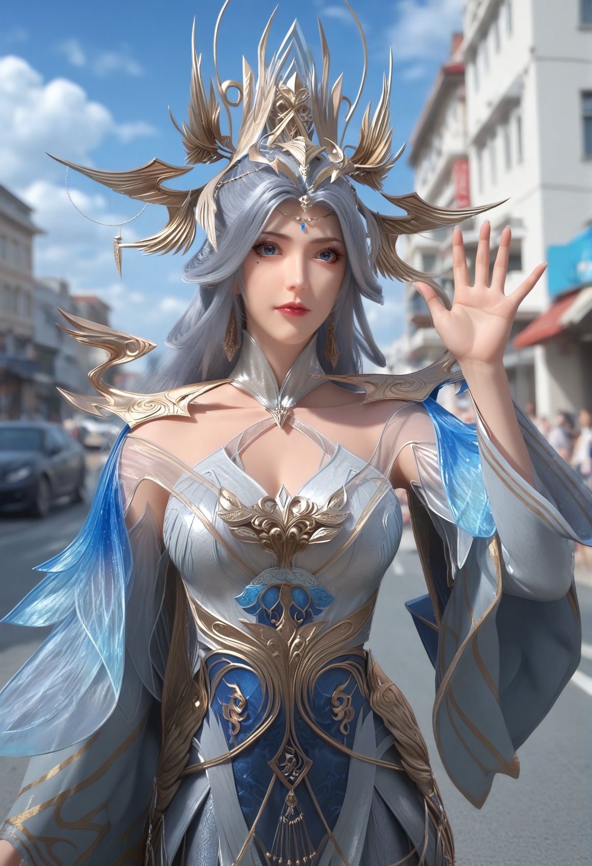 (score_9),<lora:宁雨蝶-apony:0.83>,nyd,(mature_female:1.1),solo,hair ornament,tiara,long hair,hair bun,mole under eye,shoulder guard,high collar,detached collar,detached sleeves,dress,circlet,jewelry,dangle earrings,<lora:perfect eyes_v1:0.8>,blue eyes,front view,<lora:Expressive_H-000001:0.8>,(waving:1.1),glamor,collarbone,pointy breasts,puffy breasts,large breasts,outdoors,street,blue sky,blur background,building,city,cloud,cloudy sky,day,depth of field,(white_skin:1.1),(fair_skin:1.1),