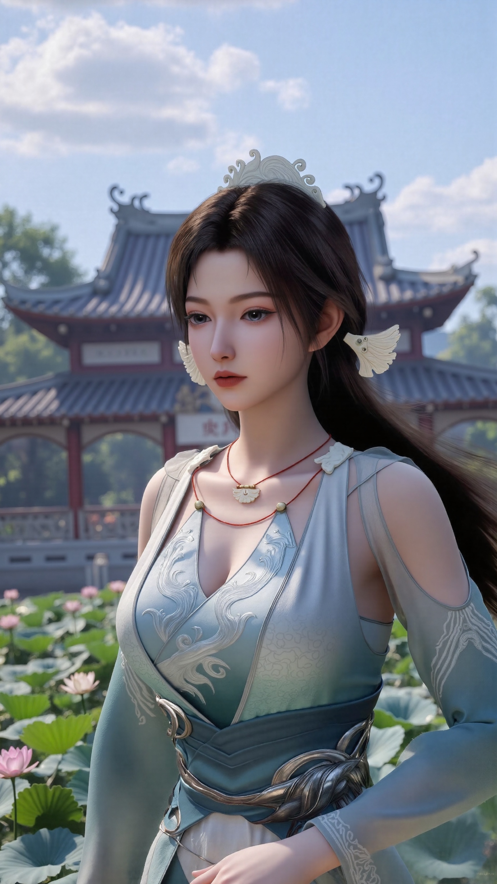 XsongyuYK,Xmupeiling,XlqyFHK,Xhanfududou,large natural breast,XheguangzhefandiYK,sfw,(masterpiece, best quality:1.2),1girl,navel,solo,midriff,bare shoulders,hair ornament,(long hair),(High double ponytail:1.49),red lips BREAK (looking at viewer:1.39),chinese clothes,(light purple dress:1.36),(lace:1.28) BREAK blurry,solo focus,long hair,lips,daytime,lipstick,outdoors,standing,upper body,(huge breasts:2.99),(full breasts:2.99),background,solo,makeup,Xyunxiao,(Lotus,Water Lily,Blue sky,full moon:1.39),(Lotus pond,ancient Chinese architecture:1.39),