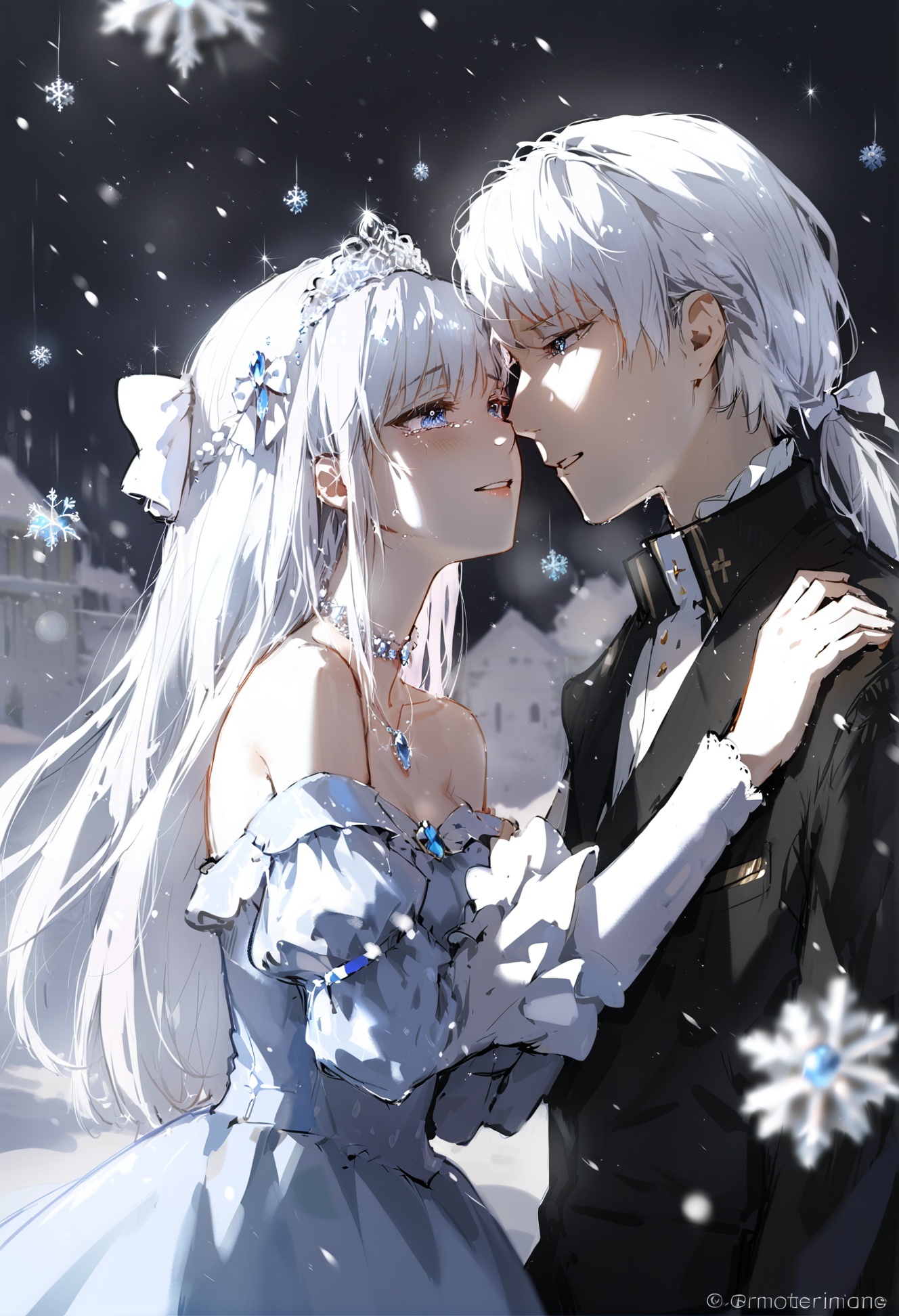 masterpiece, best quality,1girl, 1boy,   dress, crystal, long hair, blue eyes, white hair, tiara, bare shoulders, white dress, snowflakes, gem, long sleeves, off shoulder, jewelry, off-shoulder dress, bangs, collarbone, puffy sleeves, white bow, sparkle, tears, parted lips, looking at another, 背景, snowman, smile, necklace, juliet sleeves, bow, cross patty, snowing, blue gemstone, blush, cross, twitter username, hair bow <lora:DInoballXLlokr8f-000185:0.95>