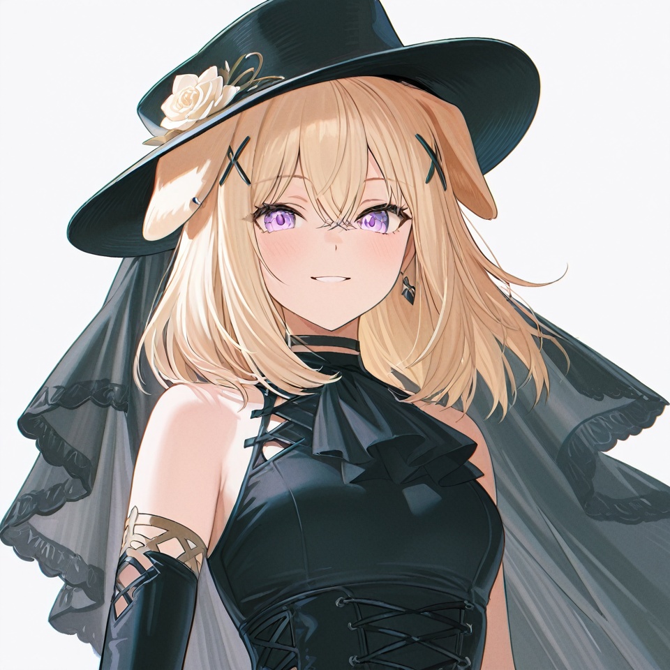 masterpiece, best quality,solo,(white background:1.2),simple background,1girl,looking at viewer,       Misumi Uika,blonde hair bangs,purple eyes,smile,medium hair,hair between eyes,gloves,hat,dress, animal ears, bare shoulders, flower, boots, black gloves,black footwear, black dress, high heels, black headwear,hair ornament,sleeveless,elbow gloves,dog ears,sleeveless dress<lora:舟uika-ill01:0.8>