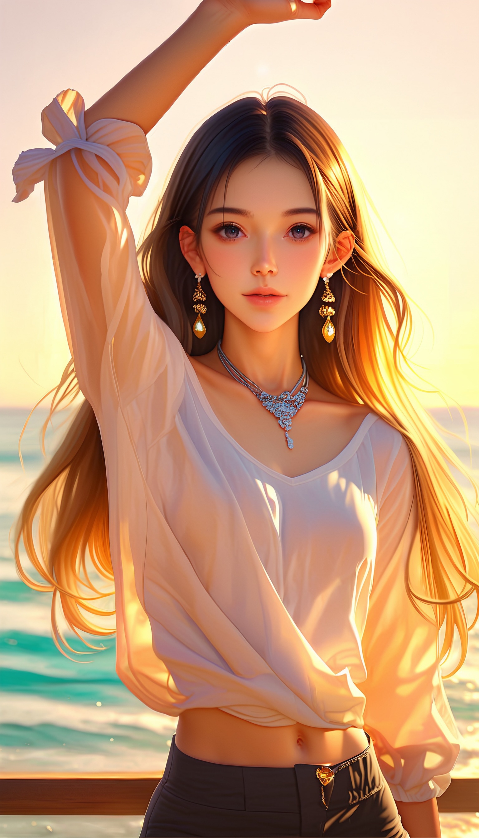 score_9,score_8_up,score_7,MAYE_X,A blonde woman stands near a harbor. She is wearing a white top and black pants, with the top loosely open to reveal fair skin. The clothing is adorned with golden gems. Her posture exudes confidence and relaxation, with her arm raised to touch her hair. Sunlight shines from behind, adding a golden sheen to her hair. Under the setting sun, a long-haired girl, wearing a white short-sleeved shirt and black pants, with delicate features, fair skin, large eyes, silver earrings, a pirate-style aesthetic, anime realism, intricate details, backlighting, soft lighting, by the seaside, with a telephoto lens, high saturation, warm tones, a serene expression, and a natural posture