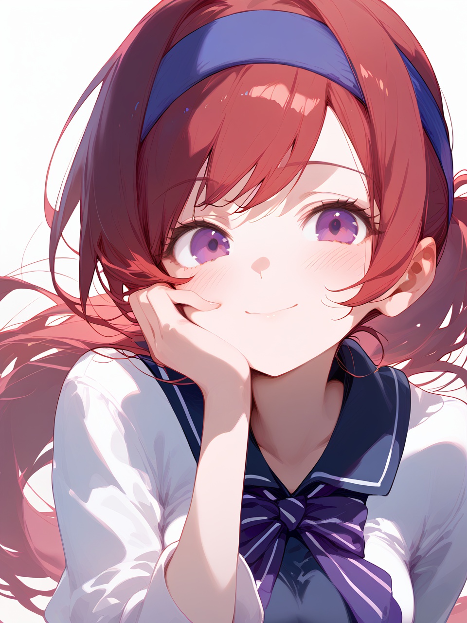 1girl,    score_9, upper body, sidelocks, blush, white shirt, long hair, looking at viewer, ponytail, shirt, breasts, purple eyes, simple background, smile, medium breasts, long sleeves, white background, hand on own cheek, solo, hand on own face, red hair, closed mouth, headband