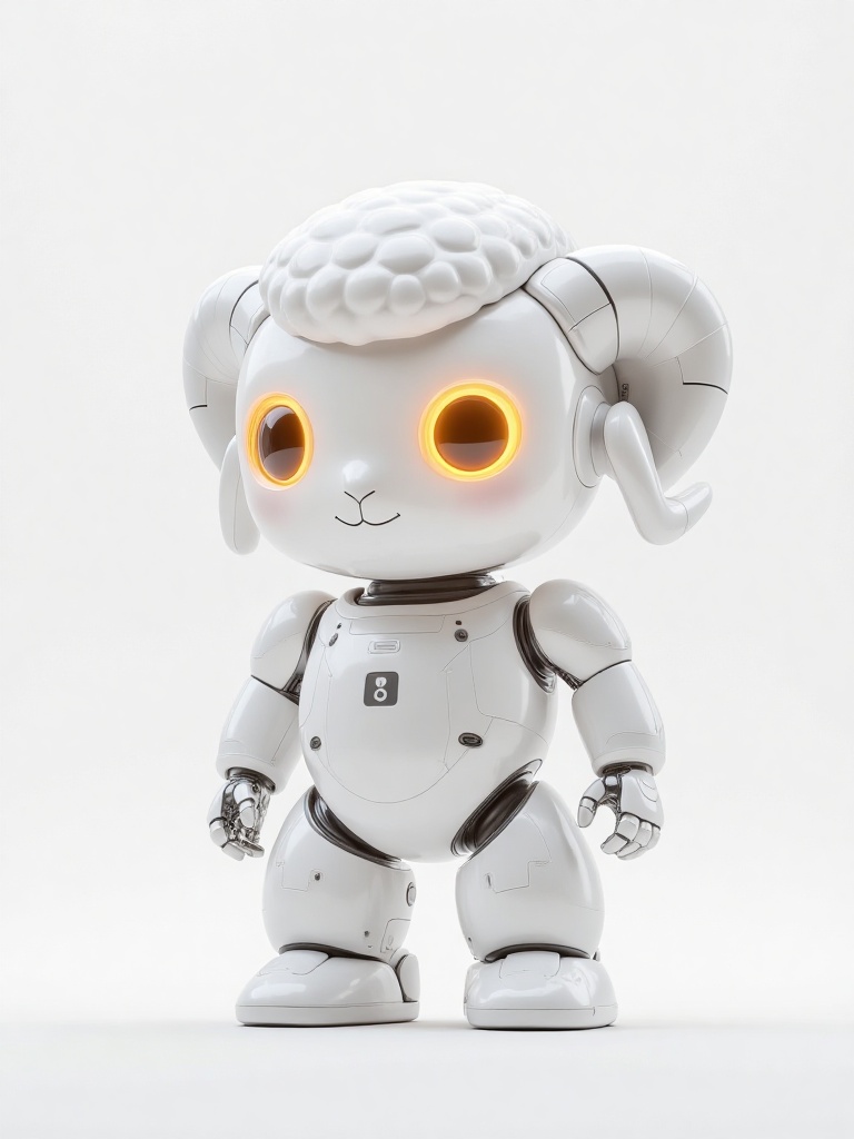 HIRO,A highly detailed CGI rendering of a cute,anthropomorphic sheep robot with large,glowing orange eyes,white body,and sleek,futuristic design. The robot has a small,rounded head with sheep ears,and a smiling expression. It stands against a plain white background,showcasing its advanced,mechanical limbs and joints.,