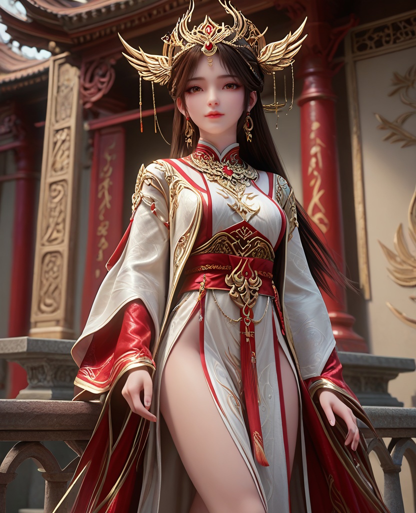 (oriental architecture, elegant decor, sophisticated style:1.1),Leaning against a wall, legs crossed at the ankles,,(breasts:1.2),<lora:XL16完美世界火灵儿祈福装:0.85>,miss huolinger,solo,white robe with red chiffon dress underneath,sash,black hair,hair ornament,long hair,brown eyes,red lips,white topwear,pelvic curtain,wide sleeves of red chiffon,jewelry,earrings,, zPDXL2, score_9, score_8_up, score_7_up BREAK realistic, masterpiece,best quality, highly detailed,, zPDXL3, zPDXL2,zPDXL, zPDXLxxx, zPDXLrl,