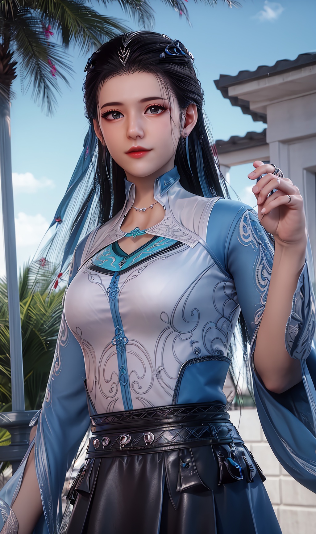 3D,masterpiece,(best quality),official art, extremely detailed cg 8k wallpaper,((crystalstexture skin)), (extremely delicate and beautiful),(highly detailed),(1girl), (solo), (jewelry), (breasts), (earrings), (black_hair),(hair),(hair_ornament),(handwear),  (long_hair), (medium_breasts), (clothes),(dress),(skirt),(long_sleeves) ,((upper body)),(sunshine, outdoor,),((looking_at_viewer)),((Facing the camera)),, <lora:hipoly3DModelLora_v10:0.3>