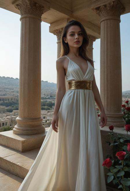 very aesthetic, score_9, score_8_up, score_7_up,masterpiece, (greek goddess white long dress with intricate gold details:1.10), (dark brown eyes:1.10), eyes focus, eye contact, (aesthetic photography:1.10), portrait, model, 1girl, solo, (pale skin:1.10), (young woman:1.10), petite, asymmetrical hair, perfect eyes, full lips, slim, wearing (white fingernails:1.05), standing, Greek environment with Greek columns, outdoors, sky, (beautiful day:1.10), roses