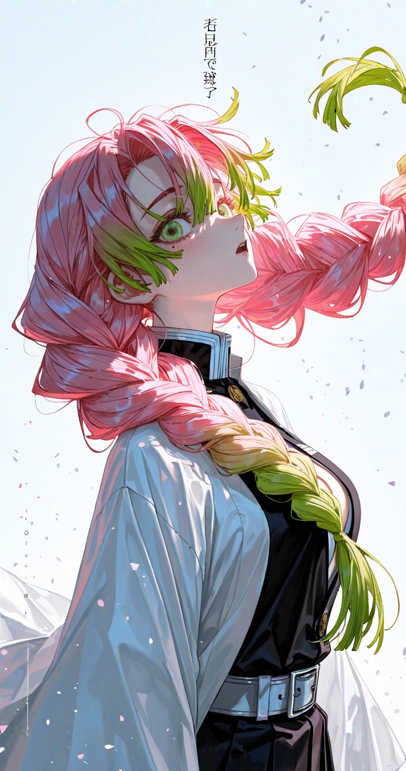 xuer Mitsuri Kanroji,kanroji mitsuri,1girl,mole under eye,pink hair,green eyes,demon slayer uniform,green hair,long hair,multicolored hair,braid,open mouth,blush,gradient hair,kamado tanjirou,bangs,close-up details,outstanding style,adding a touch of dimension to your images without compromising details,whirls of vapor,iridescent textures,(Anime:1.1),ethereal ambiance,delicate details,magical high-concept,32K UHD,sharp focus,best-quality,masterpiece,golden hour,unconventional supreme masterpiece,masterful details,temperate atmosphere,with a high-end texture,in the style of fashion photography,photography,cover,dynamic angle,dynamic posture,(artist:quasarcake:0.8),extreme aesthetic,(wlop:0.6),(honjou raita, lack, rella:0.5, wanke),masterpiece,best quality,good quality,very aesthetic,absurdres,visual impact,a shot with tension,ultra-high resolution,32K UHD,sharp focus,best-quality,masterpiece,emotionalization,unconventional supreme masterpiece,masterful details,temperate atmosphere,with a high-end texture,in the style of fashion photography,(visual impact:1.2),giving the poster a dynamic and visually striking appearance,impactful picture,official art,colorful,splash of color,movie perspective,masterpiece,best quality,amazing quality,very aesthetic,absurdres,best quality,newest,