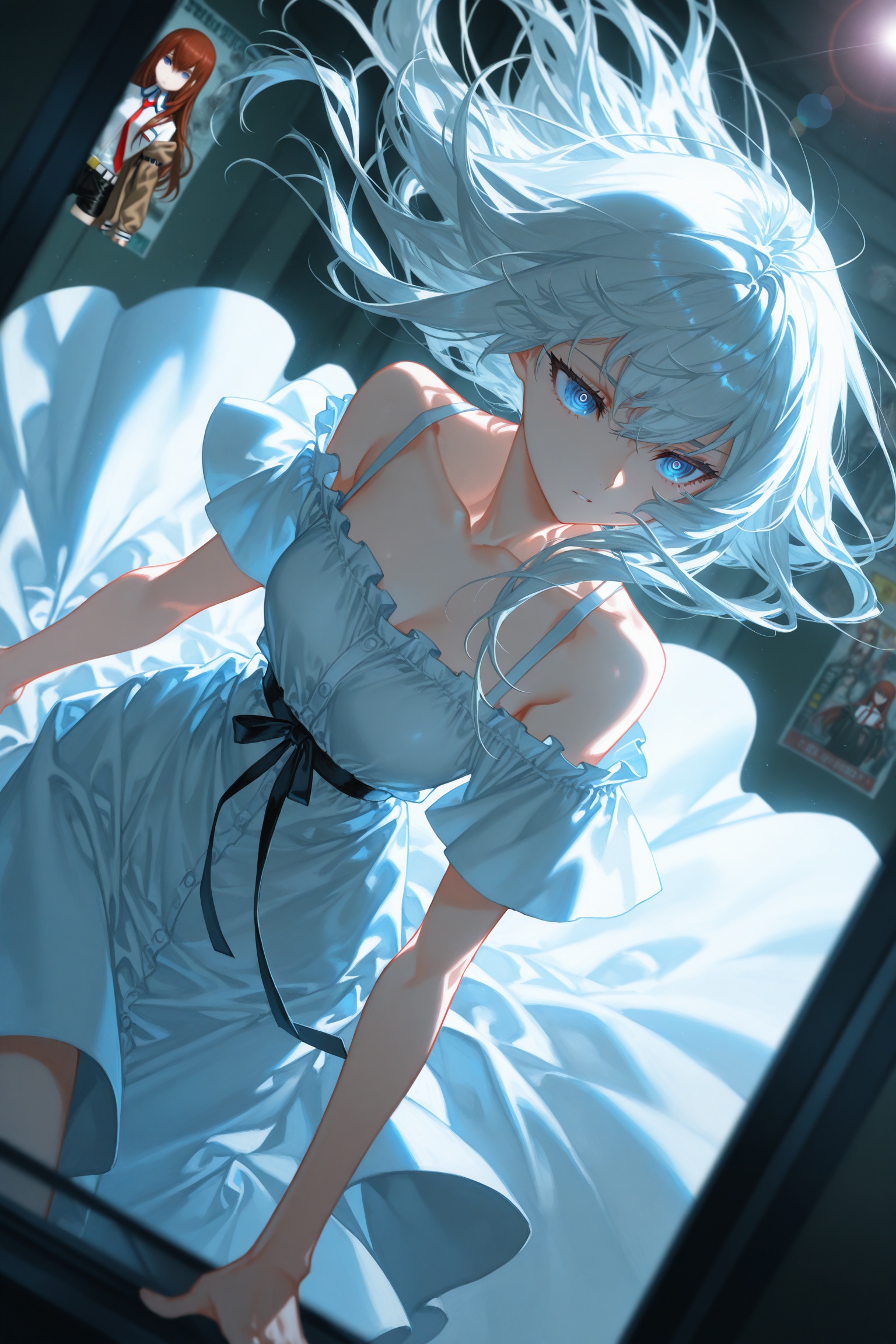masterpiece,best quality,(yoneyama mai:0.7),(quasarcake:0.5),(makise kurisu:0.8),steins;gate,1girl,solo,(white_hair:1.5),(blue_eyes:1.5),poster,(off-shoulder white dress:1.5),the official photo,light particles,in the style of fashion photography,cinematic lighting,Visual impact,Emotionalization,impactful picture,sharp focus,lens flare,depth of field,dutch angle,dynamic pose,