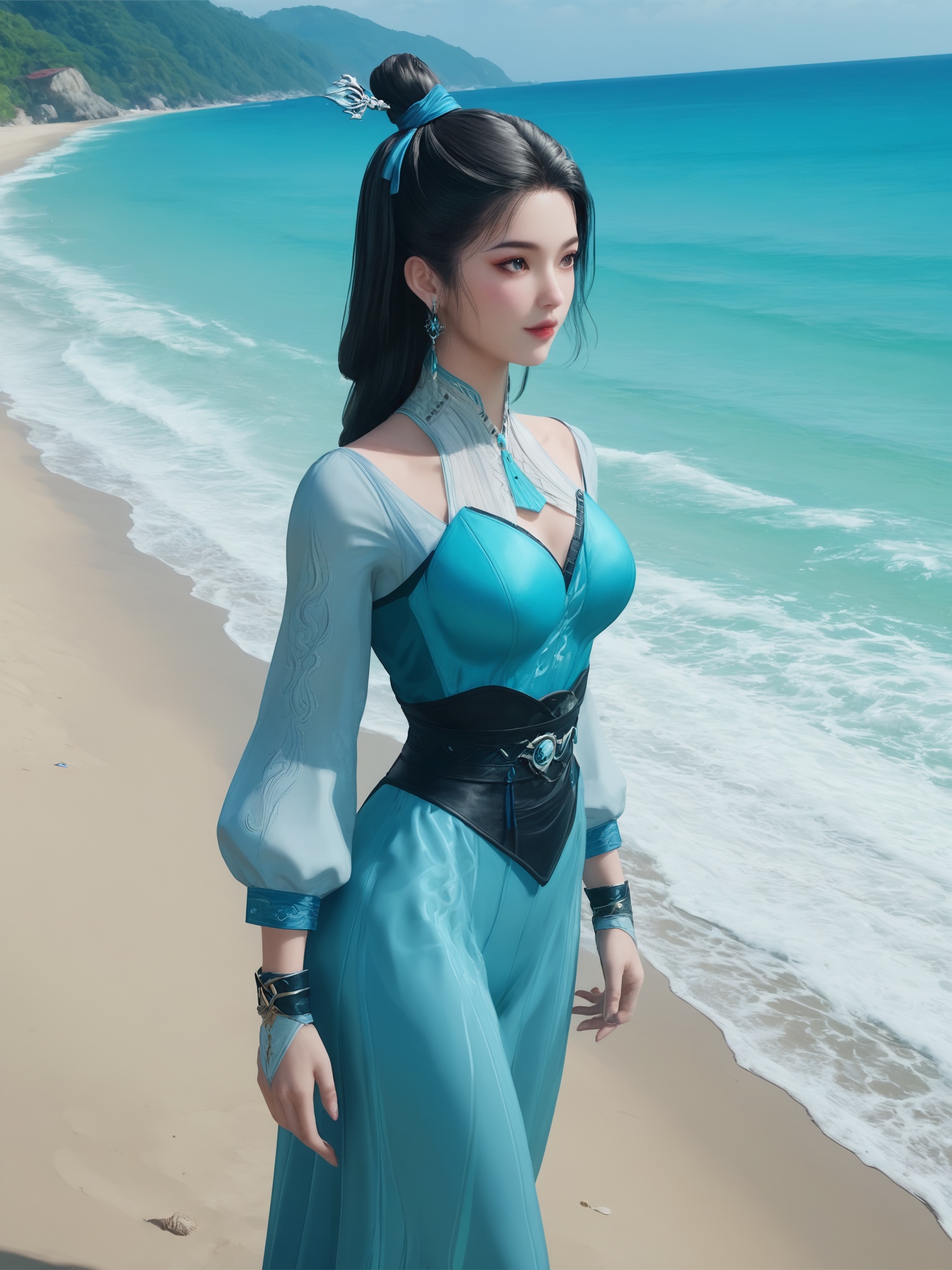 Use soft lighting to cast gentle shadows on the subject,adding a touch of dimension to your images without compromising details,score_9,score_8_up,score_7_up,Seaside,beach,waves,<lora:师兄啊师兄-蓝灵娥Pony:0.6>,dark hair is styled in a high,intricate updo,adorned with a blue hairpin. She wears a form-fitting,teal gown with a high collar and intricate,silver embroidery on the sleeves and bodice.,