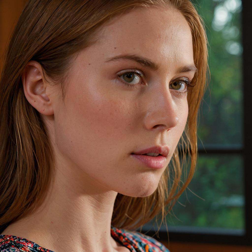 (Very close shot, zoomed in close-up face portrait:1.5) photo of a pondering, (closed mouth:1.5) shy stunning slender young 27 year old Barbuda woman with medium natural trimmed auburn hair,.She is side profile to the right. Modern style, inside a dining room , forest visible through window, midnight.cinematic lighting, vibrant colors, detailed skin texture, detailed cloth texture, beautiful detailed perfect face, intricate sharp details, ultra high res
