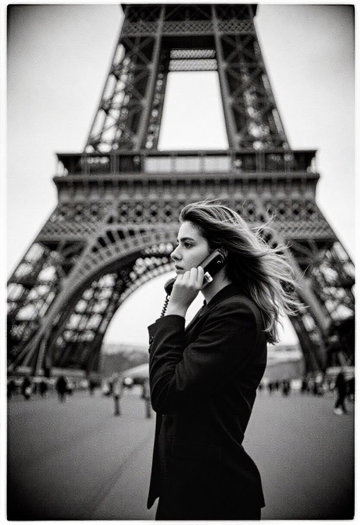 analog_feel,  a ghost from a forgotten era,  young woman at the foot of the Eiffel Tower on Tensor.Art