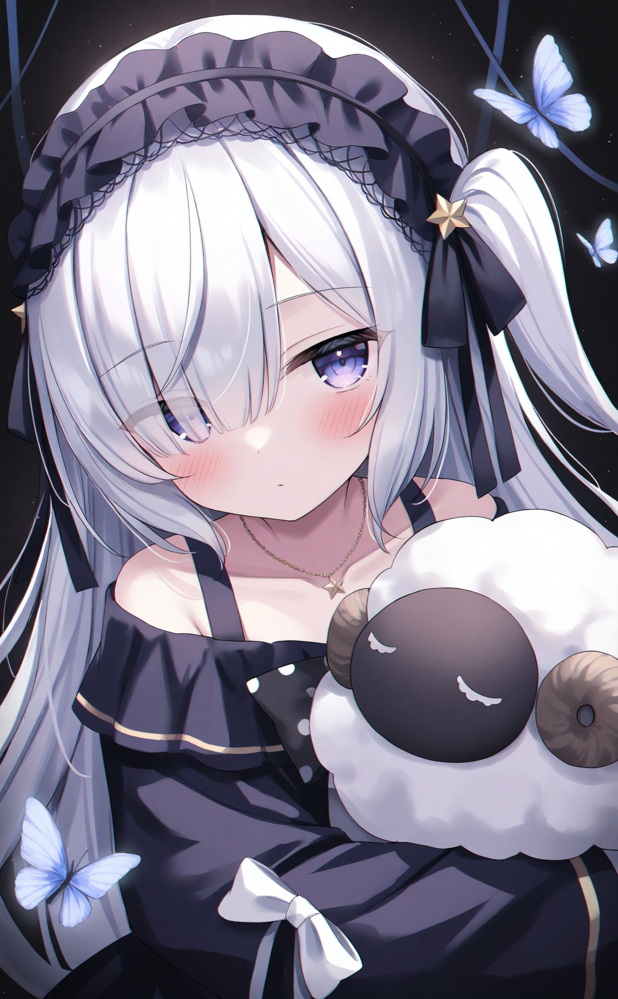 masterpiece,absurdres,best quality,loli,petite,high quality,chromatic_aberration,//,natsume_an-an, 1girl, bug, solo, lolita_hairband, purple_eyes, long_hair, butterfly, necklace, jewelry, stuffed_toy, collarbone, hairband, book, stuffed_animal, white_hair, dress, hair_over_one_eye, ribbon, bow, one_side_up, frilled_hairband, black_ribbon, closed_mouth, headdress, sheep, black_hairband, frills, black_dress, hugging_object, long_bangs, looking_at_viewer, white_bow, off_shoulder, holding, upper_body, black_bow, star_\(symbol\), blush//,//,<lora:natsume_an-an——【noob】hans:0.5>,<lora:guizhencao2——【noob】hans:0.5>,