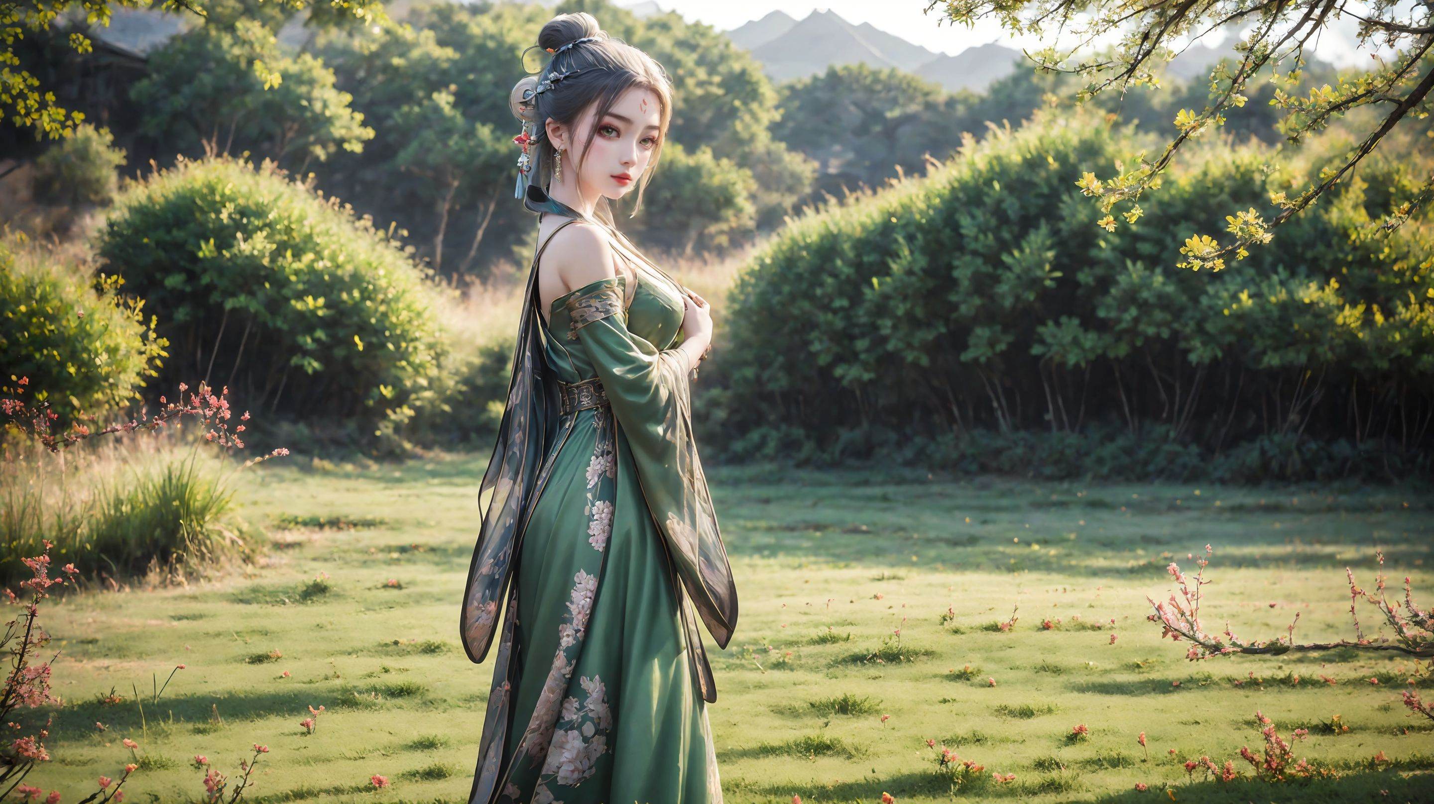 1girl,solo,hair bun,chinese clothes,green dress,dress,long sleeves,single hair bun,outdoors,nature,looking at viewer,from side,hair ornament,standing,grass,白发,<lora:girl miaojiangxiaobai_20240912173536:0.7>,