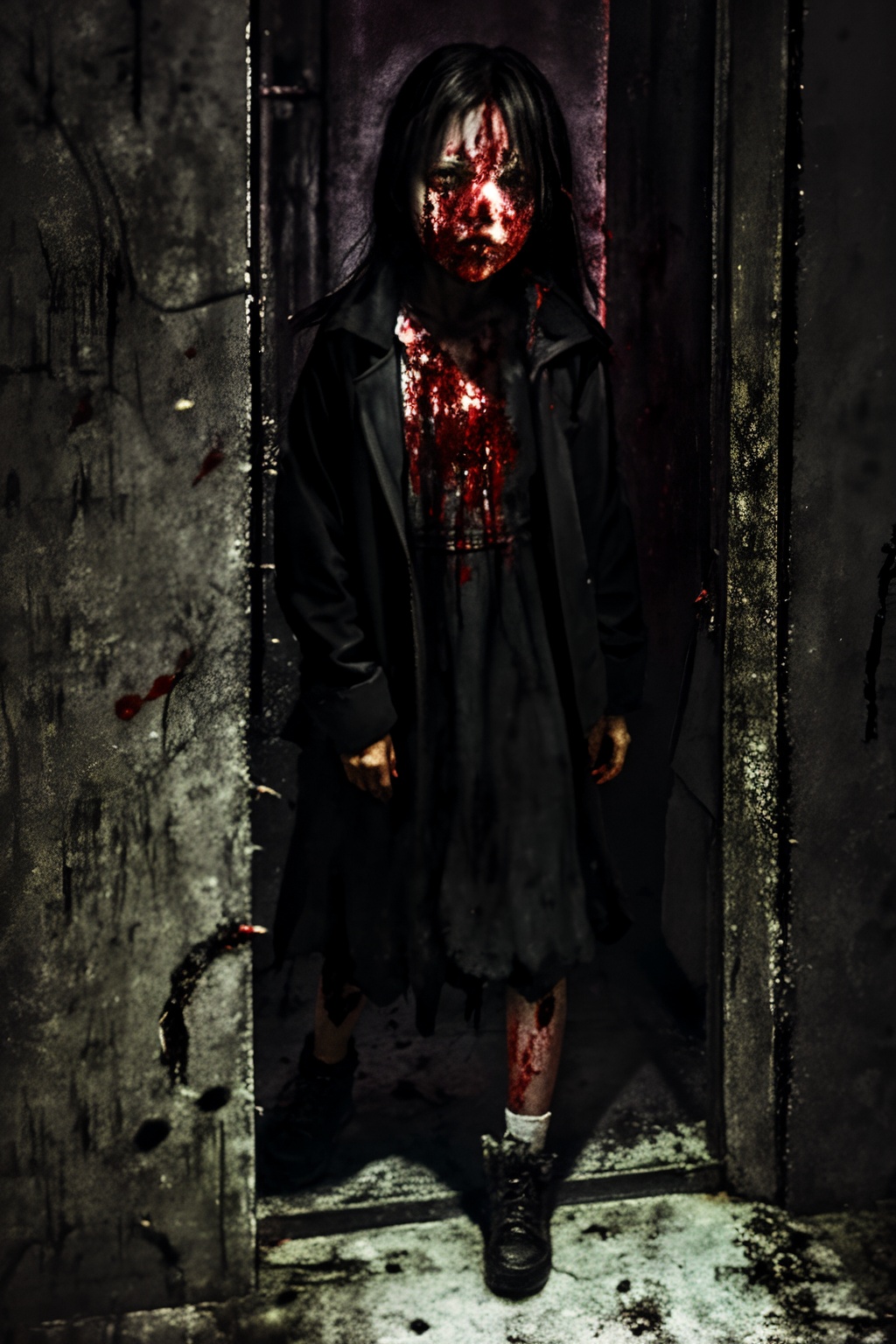 1girl,<lora:loneliness_15_v2>,night,dark,1girl,blood on face,scared,holding a bone,full body,