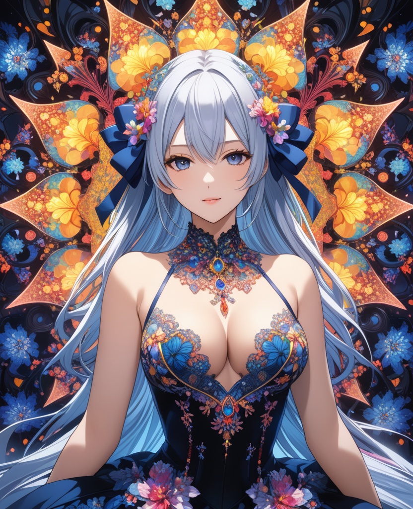 (,1girl, ,best quality, ),looking at viewer,,anime,(masterpiece, top quality, best quality, official art, beautiful and aesthetic:1.2), (1girl)	, , (cleavage),extreme detailed,(fractal art:1.3),colorful, flowers ,highest detailed,()    (cleavage), (),