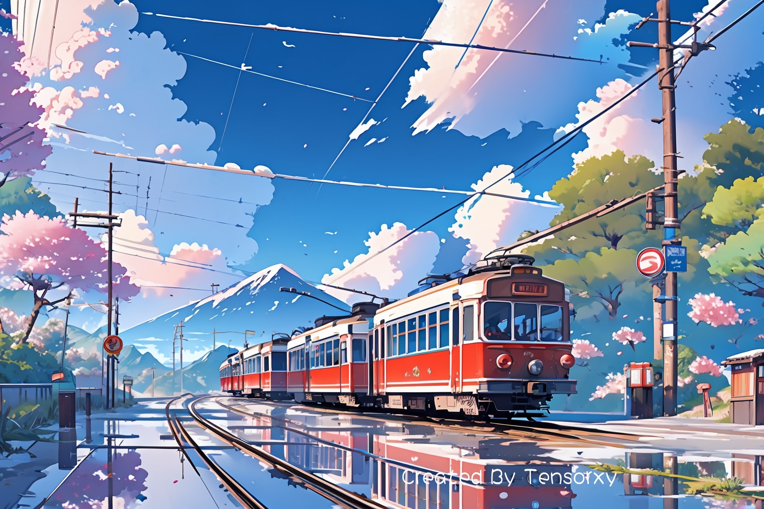 outdoors, sky, day, cloud, tree, blue_sky, no_humans, cloudy_sky, letterboxed, cherry_blossoms, ground_vehicle, scenery, motor_vehicle, reflection, mountain, sign, road, power_lines, utility_pole, road_sign, train, railroad_tracks