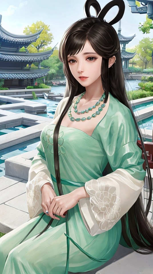 1 girl,Black hair,Long hair,necklace,Green Hanfu,Chinese clothes,Sitting on a bench,Park Scenery,upper body,solo,,<lora:b659fab3216eb086e02912068f48d1f8605da6833737b0f768ec281ca8ab65ab:0.61>