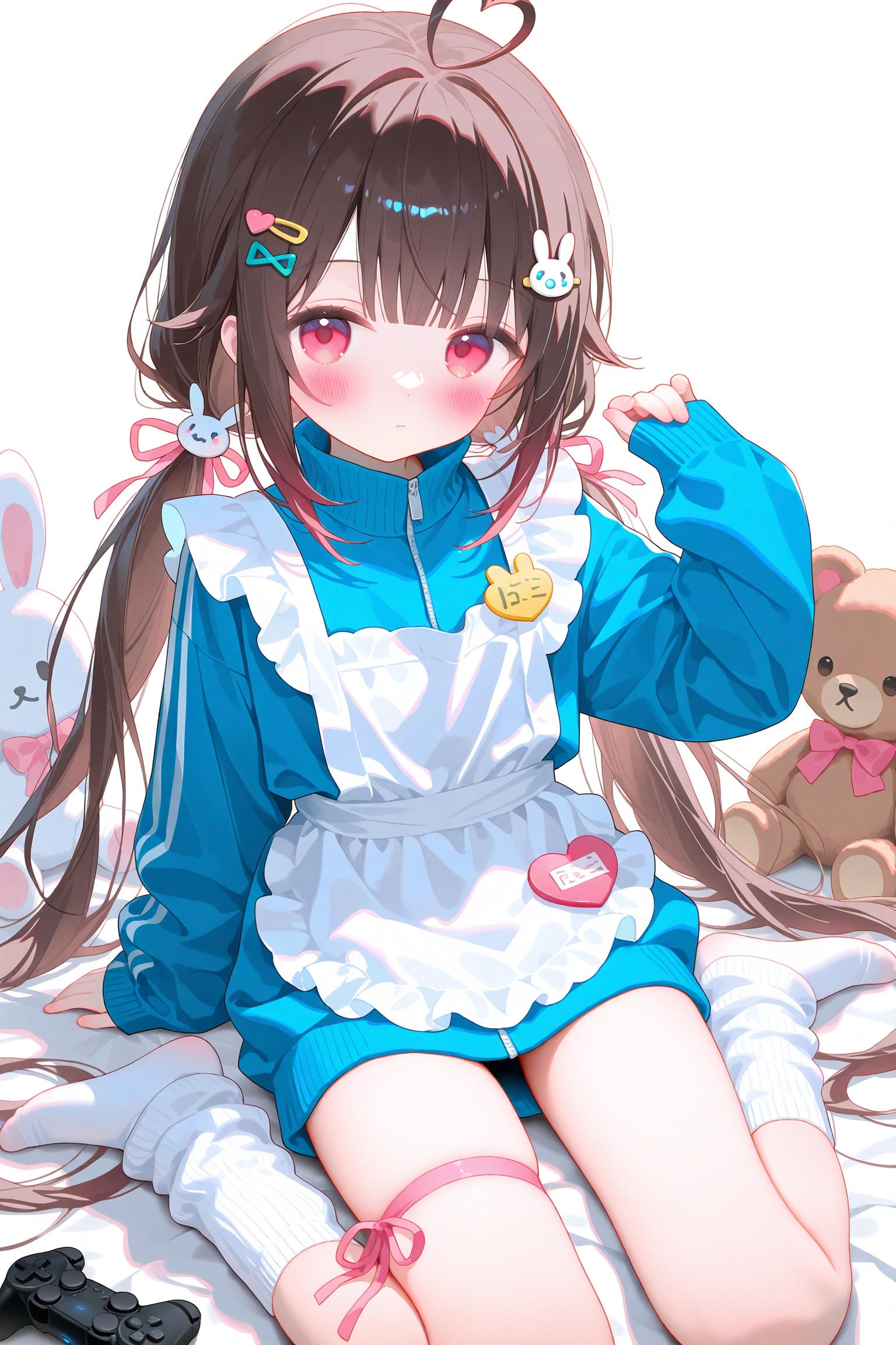 loli,1girl,stuffed animal,stuffed toy,unconventional maid,teddy bear,controller,solo,hair ornament,apron,blue jacket,jacket,ahoge,game controller,twintails,brown hair,looking at viewer,long hair,sitting,socks,rabbit hair ornament,heart,blush,white apron,white socks,track jacket,hairclip,low twintails,wariza,long sleeves,frilled apron,pink eyes,closed mouth,white background,maid,maid apron,frills,loose socks,simple background,sleeves past wrists,blunt bangs,very long hair,heart ahoge,playstation controller,hand up,thigh strap,stuffed rabbit,ribbon,thighs,pink bow,no shoes,name tag,bow,red eyes,leg ribbon,thigh ribbon,virtual youtuber,turtleneck jacket,pink ribbon,turtleneck,gamepad,sidelocks,zipper,blue sweater,game console,remote control,expressionless,no pants,arm support,track suit,