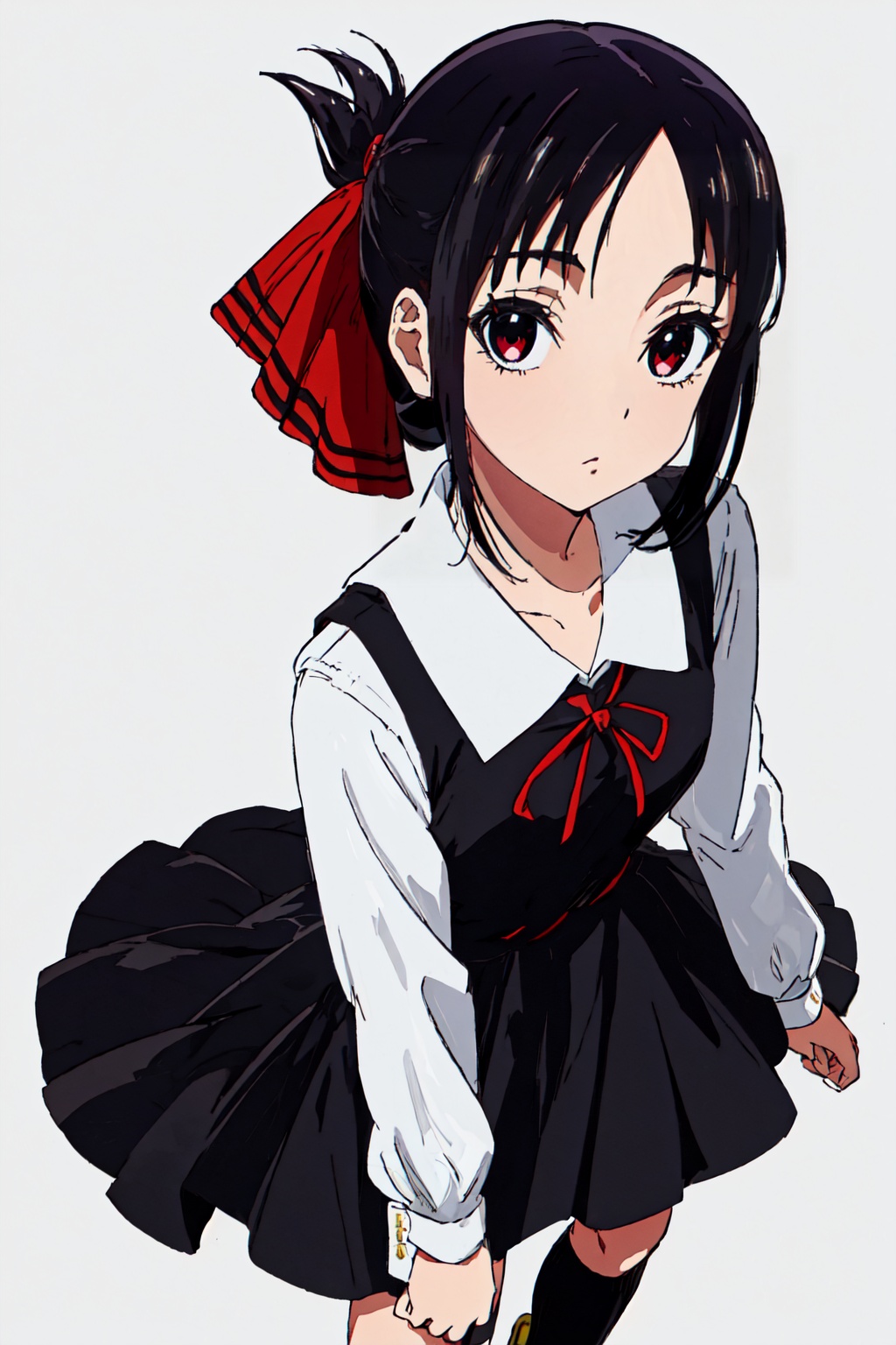 1girl,looking at viewer,solo,black hair,short hair,folded ponytail,red eyes,shuuchiin academy school uniform,dress,ribbon,red ribbon,socks,black socks,hair ribbon,black dress,kneehighs,shoes,long sleeves,<lora:Kaguya:0.8>,Kaguya_CYQL,portrait,beautiful face,beautiful eyes,glossy skin,shiny skin,grey background,simple background,posing in front,masterpiece,best quality,beautiful and aesthetic,contrapposto,female focus,wallpaper,fashion,