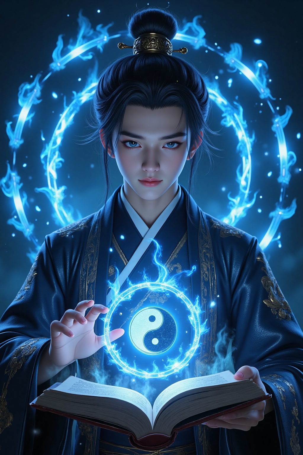 CGI,a young handsome Taoist casting glowing blue magic spell, a opened magic book is in front of him, summoning glowing blue magic circles around him, glowing blue magic effects, glowing yin and yang symbol, dark blue background, particle effects, highly detailed, ultra-high resolutions, 32K UHD, best quality, masterpiece, 