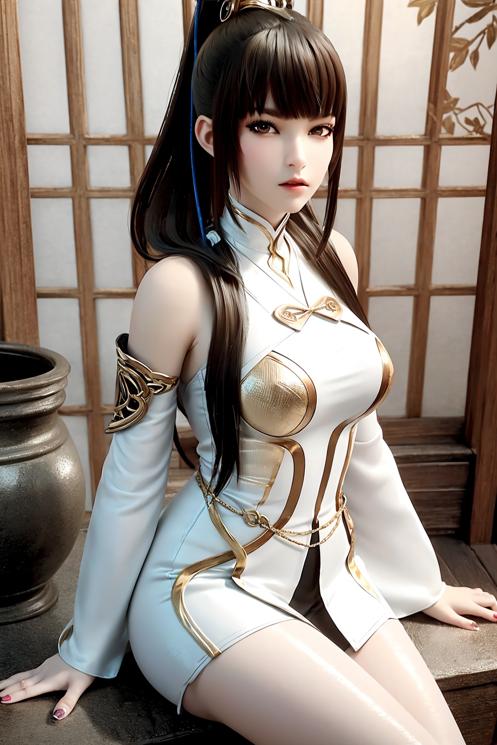 sitting, dress, chinese_clothes, looking_at_viewer, (scenery, east asian architecture,  flower pot, plant, partially_submerged, day), 1girl,solo ,lblack hair, long hair, ponytail, lips, bangs,  hair_ornament, pointy ears, jewelry, earrings, detached_sleeves, (breasts, medium_breasts),white_legwear, fingernails, nail_polish,photo_\(medium\), makeup,(8k, RAW photo, best quality, masterpiece:1.2),(realistic, photorealistic:1.3),ultra-detailed,extremely detailed cg 8k wallpaper,(crystalstexture skin:1.2),(shiny skin:1.2),extremely delicate and beautiful,<lora:syqiangk_加强_上官皖R_C9_5.2.3:0.8>,