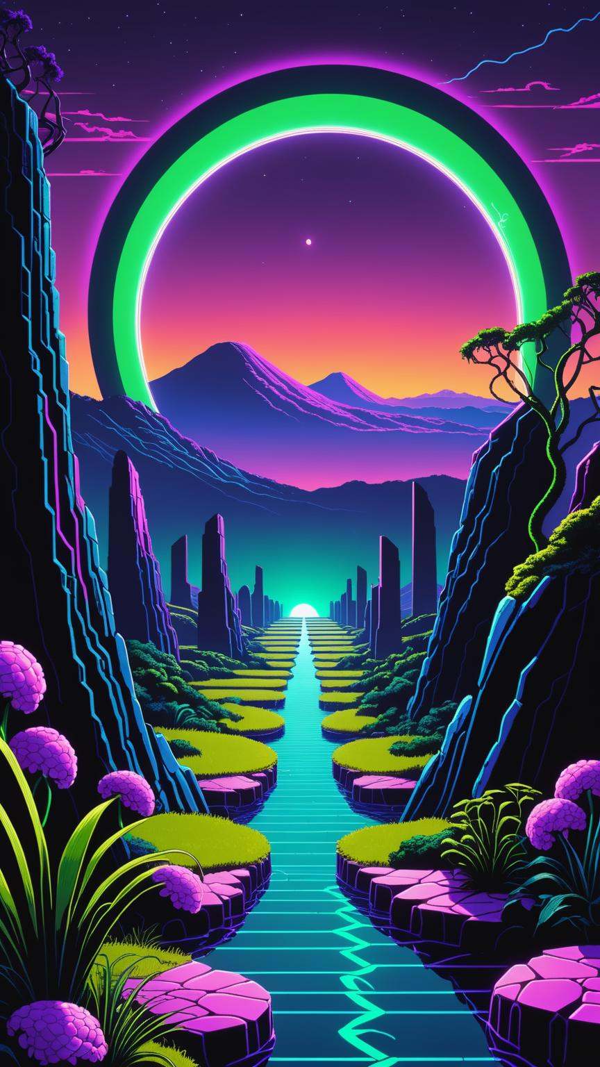 Super high definition, reflective pools, HDR, Dark vaporwave color palette, eclipse, glowing archway, huge twisting vines, aerial view of rolling hills in bizarre alien landscape, Fibonacci, Enki, annunaki, monolith, megaliths with eyes, ufo, dna, cosmic serpent, vaporwave tiled liminal space, iris, pixel art, vaporwave aestethic, purple and green neon lights