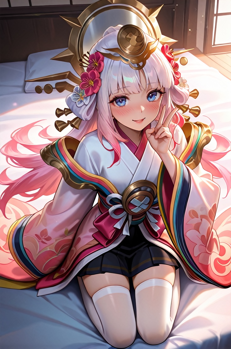 perfect quality,high quality,masterpiece,best quality,amazing quality,very aesthetic,absurdres,Cinematic Lighting,newest,Joyful laughter,cyan background,makeup,portrait,  1girl, hair ornament, long hair, japanese clothes, flower, looking at viewer, pink hair, hair flower, blue eyes, white hair, thighhighs, kimono, skirt, wide sleeves, multicolored hair, bangs,  white thighhighs,,<lora:王者荣耀_-娜可露露-前镜尘_Honor_of_Kings_Nakoruru:0.9>，kneeling on bed,on bed,full body, full-face blush, shy, cowboy shot, kneeling, ,long legs, from above, looking at viewer,  (victory pose),, upper body,tongue out, closed on eye,closed one eye,