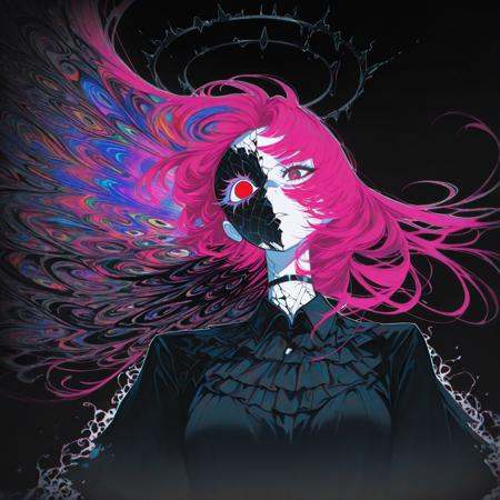 SFW, 1girl, tall, white skin, busty, long pink hair, long bangs, red eyes, glowing eyes, six eyed mask, gothic dress, ((black halo, white outline)), dark magic, black aura, (trippy, colorful, psychedelic, 4D, dark fog, endless water, cracked_sky),  <lora:lora:1> reij-incs, silhouette character, black ink, neon colors, colors splash effect, flowing hair, (dynamic_angle:1.4), <lora:kafka02_illu:0.8> kafka02_illu, <lora:hand 5.5:1>, masterpiece,best_quality, newest, highly_detailed, absurdres, detailed skin, very_detailed, detailed_eyes, intricate_details, dramatic_lighting, cinematic_composition, character_profile,