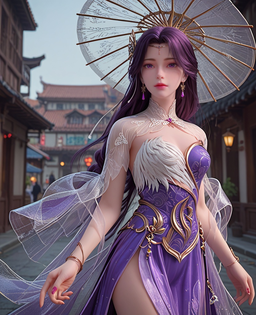 (oriental architecture, elegant decor, sophisticated style:1.1),Standing on a city street, holding an umbrella in the rain, looking upward,,(breasts:1.2),<lora:XL完美世界云曦成女:0.8>,miss yunxi,solo,purple dress of side slit,see-through bolero,white feather trim,hagoromo,see-through petticoat,purple eyes,purple hair,long hair,braided ponytail,hair ornament,bracelet,earrings,jewelry,, zPDXL2, score_9, score_8_up, score_7_up BREAK realistic, masterpiece,best quality, highly detailed,, zPDXL3, zPDXL2,zPDXL, zPDXLxxx, zPDXLrl,