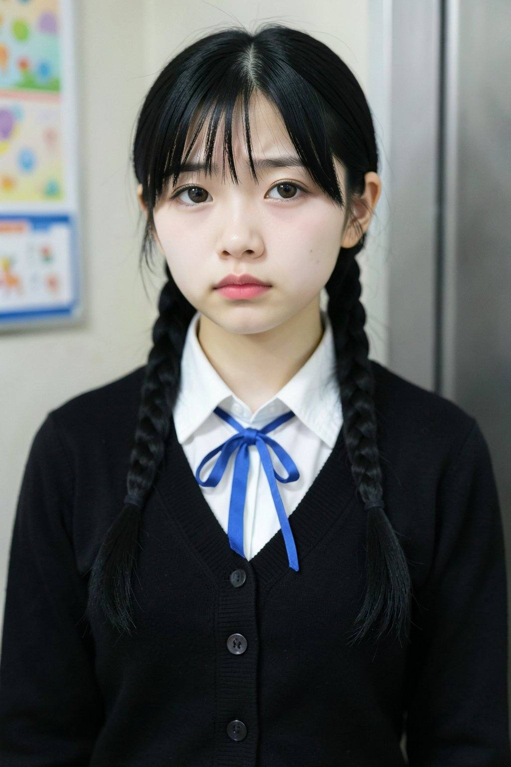 The image depicts a photograph of a young East Asian woman with a fair complexion and large,  dark brown eyes. Her straigh...