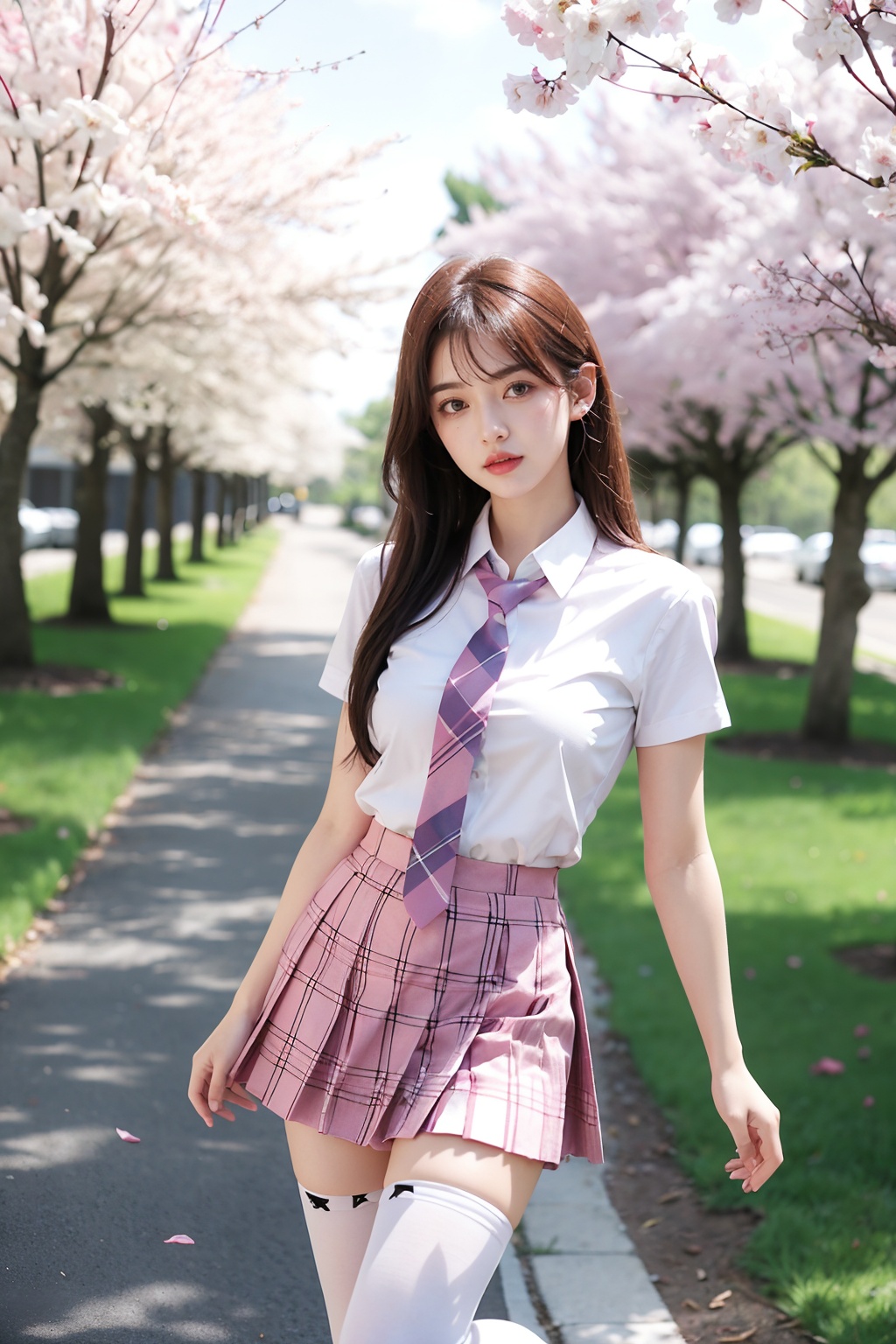 1girl ,upper body,pink plaid skirt, necktie,white short sleeve shirt,white thighhighs ,Cherry trees,outdoors,pink plaid skirt,necktie,white short sleeve shirt,white thighhighs