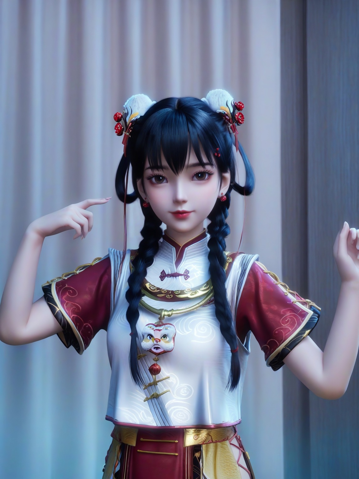 score_9,1girl,solo,standing,twin braids,bangs,hair ornament,brown eyes,earrings,chinese clothes,dress,breasts,black hair,double bun,lipstick,short sleeves,skirt,looking at viewer,upper body,<lora:SF_JiYuanBao_Pony_Realism2.3-000004:0.72>,