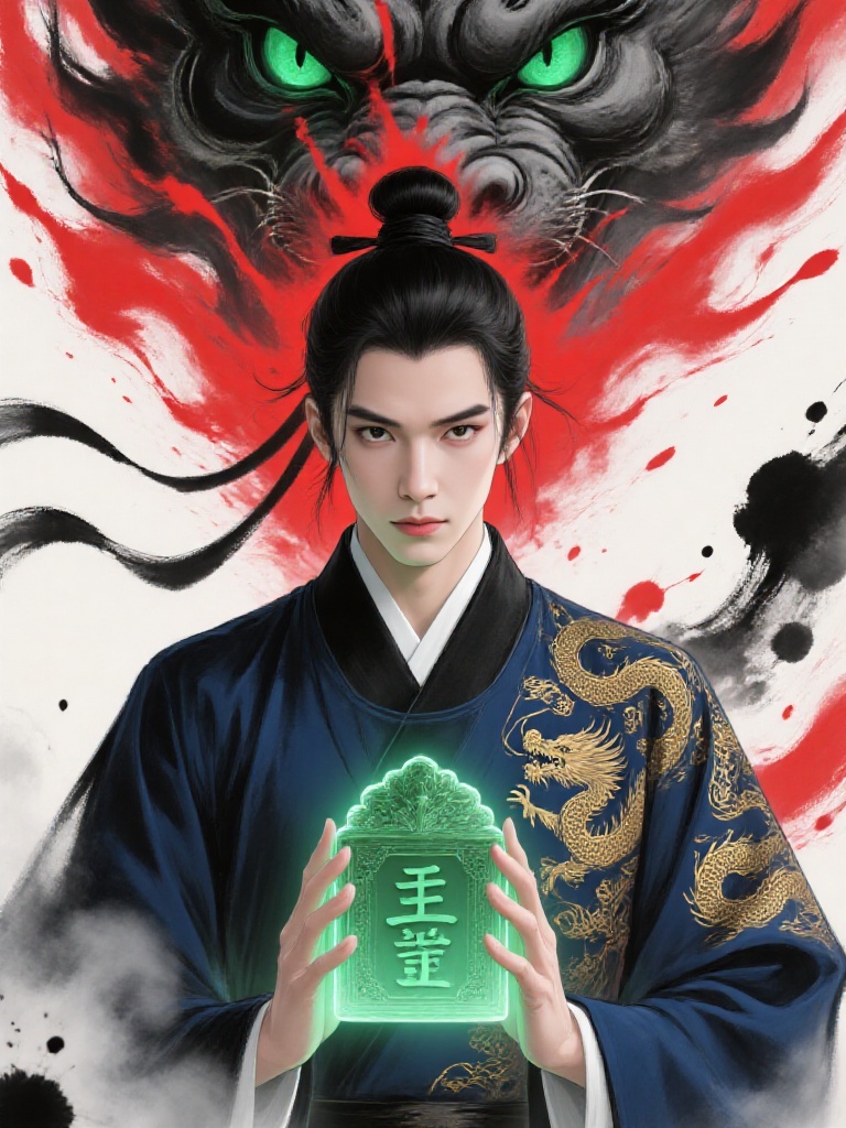 zanghz,"Create an oriental fantasy illustration featuring a figure in a deep blue traditional robe with intricate gold dragon embroidery, holding a glowing green jade seal (inscribed with Chinese characters '** **'). The figure has a topknot hairstyle with a black headband, exuding a solemn and powerful aura. Behind them, a menacing dragon head with vivid green eyes emerges from swirling red and black ink waves, accented by fiery red splashes and dynamic brushstrokes. The scene blends traditional Chinese ink-wash art with modern surrealism, using bold colors (deep blue, gold, green, red, black) to evoke mysticism and ancient mythology. Include details like the dragon's textured scales, the jade seal's ornate carvings, and the fluid motion of ink splatters. Atmosphere: intense, authoritative, and steeped in Eastern cultural symbolism, capturing a moment of mythical power and destiny."