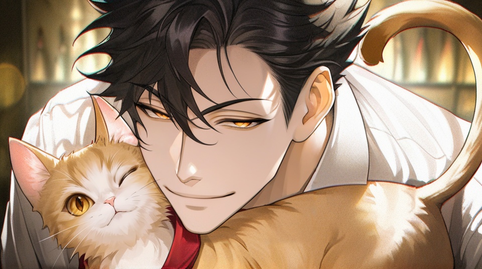 (best quality), ((masterpiece)), (highres), illustration, original, extremely detailed, <lora:男风XL:0.7>1boy, cat, male focus, shirt, white shirt, short hair, black hair, animal, looking at viewer, smile, closed mouth, one eye closed, collared shirt, yellow eyes, tail, bangs, hair between eyes, solo