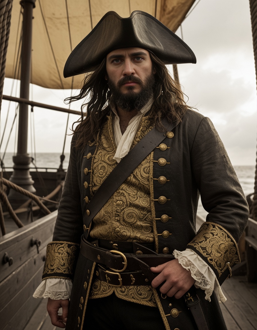 An early seventeenth-century pirate captain stands braced on the deck of a weathered wooden ship with a fierce,  furious e...