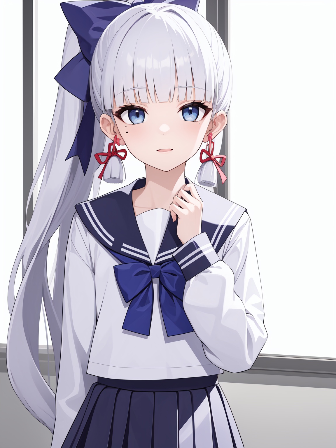 <lora:神里喜茶-000011:0.8>,kamisato ayaka \(heytea\),kamisato ayaka,school uniform,long hair,ponytail,bangs,serafuku,blue eyes,sailor collar,ribbon,shirt,white shirt,hair ribbon,skirt,long sleeves,blunt bangs,pleated skirt,blue skirt,bow,hair bow,mole,white hair,, 1girl,,  (masterpiece,best quality:1.2),absurdres